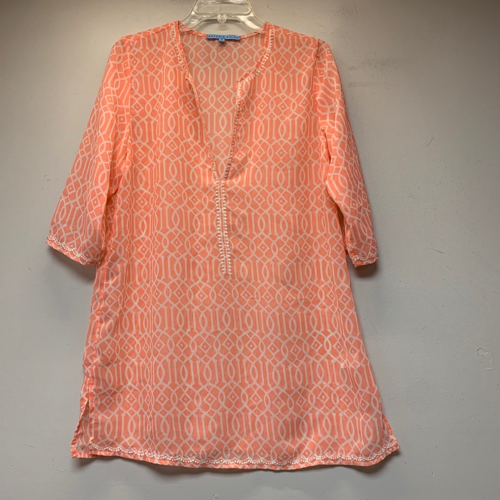 Antonio Melani Tunic Top Womens Small Coral Excellent Geometric Embroidered 3/4